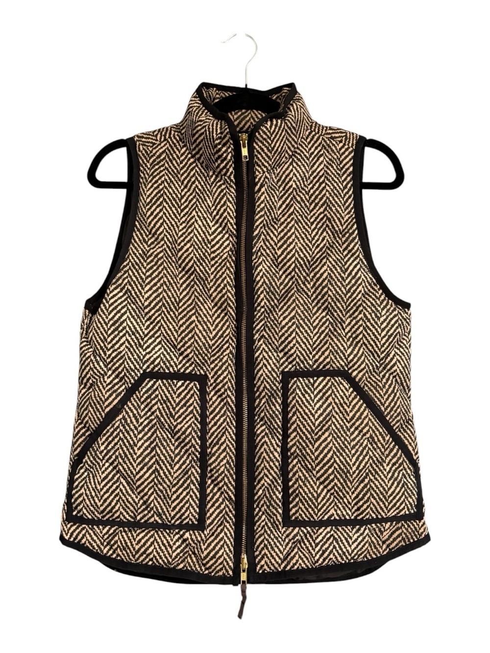 J. Crew Herringbone Down Puffer Vest Black Tan Quilted Full Zip Size Small